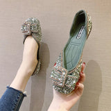 Ladies Bling Crystal Diamond Black Pink Dress Flats Womens Bow Sequins Single Shoes Rhinestone Glitter Square Toe Ballet Flats - ENSEIGNE DENIS