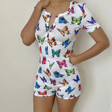 2020 Sexy Women V-neck Bodycon Sleepwear Jumpsuit Button Bodysuit Shorts Romper Leotard Printed Long/Short Sleeve Bodysuit - ENSEIGNE DENIS