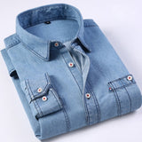 Mens Regular-fit Long-Sleeve Denim Work Shirt Two Button Front Chest Pockets & Pencil Slot Rugged Wear Thin Casual Cotton Shirts - ENSEIGNE DENIS