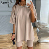 Sampic Fashion White Khaki Sexy Women Summer O Neck Short Sleeve Shirt Tops And Bodycon Shorts Bottom Suit Two Piece Sets Outfit - ENSEIGNE DENIS
