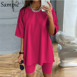 Sampic Fashion White Khaki Sexy Women Summer O Neck Short Sleeve Shirt Tops And Bodycon Shorts Bottom Suit Two Piece Sets Outfit - ENSEIGNE DENIS