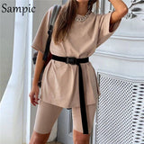 Sampic Fashion White Khaki Sexy Women Summer O Neck Short Sleeve Shirt Tops And Bodycon Shorts Bottom Suit Two Piece Sets Outfit - ENSEIGNE DENIS