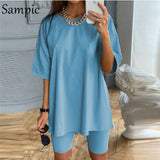 Sampic Fashion White Khaki Sexy Women Summer O Neck Short Sleeve Shirt Tops And Bodycon Shorts Bottom Suit Two Piece Sets Outfit - ENSEIGNE DENIS