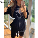 Sampic Fashion White Khaki Sexy Women Summer O Neck Short Sleeve Shirt Tops And Bodycon Shorts Bottom Suit Two Piece Sets Outfit - ENSEIGNE DENIS