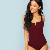 SHEIN Black V-Cut Front Bodysuit Sexy Straps Plain Skinny Sleeveless Bodysuits Women Autumn Stretchy Minimalist Bodysuits - ENSEIGNE DENIS
