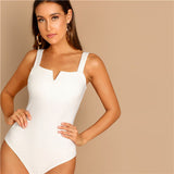 SHEIN Black V-Cut Front Bodysuit Sexy Straps Plain Skinny Sleeveless Bodysuits Women Autumn Stretchy Minimalist Bodysuits - ENSEIGNE DENIS