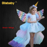 Christmas Girls Unicorn Dress with Long Tail + Wings Wig Hairband Baby