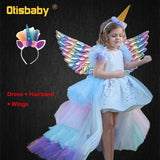 Christmas Girls Unicorn Dress with Long Tail + Wings Wig Hairband Baby
