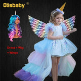 Christmas Girls Unicorn Dress with Long Tail + Wings Wig Hairband Baby