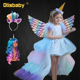 Christmas Girls Unicorn Dress with Long Tail + Wings Wig Hairband Baby