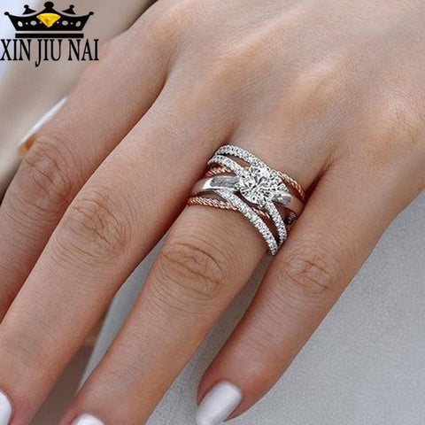 925 Silver AAA Zircon Luxury CUrve Intersection Female Crystal Round Stone Ring Engagement Ring Vintage Party Rings For Women - ENSEIGNE DENIS