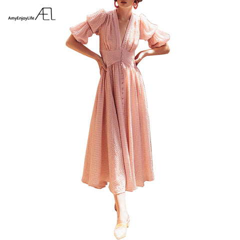 AEL Women Summer Short Bishop Sleeve Dress Deep V Neck Retro Long Dresses Party Vintage Fairy Dress 2019 Elegant Slim Ladies - ENSEIGNE DENIS
