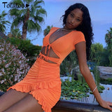 Totatoop Lace Up V Neck Ruched Bodycon Mini Dress Women 2020 Summer Hollow Out Ruffles Sundress Beachwear Vestidos - ENSEIGNE DENIS