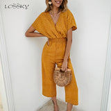 Lossky Women Jumpsuits Rompers Summer Casual Print V-neck Pocket Overalls Jumpsuit Short Sleeve Wide Leg Loose Jumpsuit - ENSEIGNE DENIS