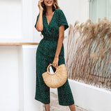 Lossky Women Jumpsuits Rompers Summer Casual Print V-neck Pocket Overalls Jumpsuit Short Sleeve Wide Leg Loose Jumpsuit - ENSEIGNE DENIS