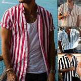 2019 Men's Short Sleeve V-Neck Striped Button Up Shirt Summer Casual Blouse Tee Tops - ENSEIGNE DENIS