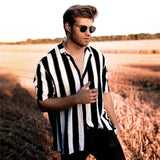 2019 Men's Short Sleeve V-Neck Striped Button Up Shirt Summer Casual Blouse Tee Tops - ENSEIGNE DENIS