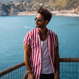 2019 Men's Short Sleeve V-Neck Striped Button Up Shirt Summer Casual Blouse Tee Tops - ENSEIGNE DENIS
