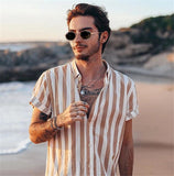 2019 Men's Short Sleeve V-Neck Striped Button Up Shirt Summer Casual Blouse Tee Tops - ENSEIGNE DENIS