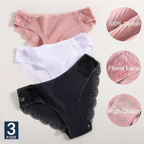 3PCS/Set Cotton Underwear Women's Panties Comfort Underpants  Floral Lace Briefs For Woman Sexy Low-Rise Pantys Intimates M L XL - ENSEIGNE DENIS