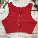 ArtSu Red Black White Metal Chain Sleeveless Crop Top Sexy Clubwear Women Adjustable Lace Up Hollow Out Tank Tops Tees Camisole - ENSEIGNE DENIS