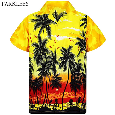 Yellow Hawaiian Beach Shirt Men 2020 Summer Fashion Palm Tree Printed Mens Tropical Aloha Shirts Holiday Vacation Chemise Homme - ENSEIGNE DENIS