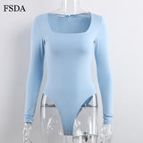 FSDA Long Sleeve Knitted Skinny Bodysuit Women Winter Autumn Winter Solid Square Collar White Black Casual Body Top Jumpsuit - ENSEIGNE DENIS