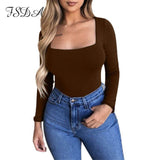 FSDA Long Sleeve Knitted Skinny Bodysuit Women Winter Autumn Winter Solid Square Collar White Black Casual Body Top Jumpsuit - ENSEIGNE DENIS
