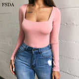 FSDA Long Sleeve Knitted Skinny Bodysuit Women Winter Autumn Winter Solid Square Collar White Black Casual Body Top Jumpsuit - ENSEIGNE DENIS