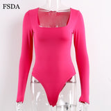 FSDA Long Sleeve Knitted Skinny Bodysuit Women Winter Autumn Winter Solid Square Collar White Black Casual Body Top Jumpsuit - ENSEIGNE DENIS