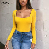 FSDA Long Sleeve Knitted Skinny Bodysuit Women Winter Autumn Winter Solid Square Collar White Black Casual Body Top Jumpsuit - ENSEIGNE DENIS