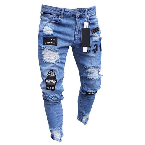 3 Styles Men Stretchy Ripped Skinny Biker Embroidery Print Jeans Destroyed Hole Taped Slim Fit Denim Scratched High Quality Jean - ENSEIGNE DENIS