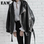 [EAM] High Quality 2020 Spring Black PU Leather Loose Turn-down Collar Zipper Fashion New Women's Wild Jacket LA938 - ENSEIGNE DENIS