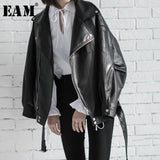 [EAM] High Quality 2020 Spring Black PU Leather Loose Turn-down Collar Zipper Fashion New Women's Wild Jacket LA938 - ENSEIGNE DENIS