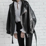 [EAM] High Quality 2020 Spring Black PU Leather Loose Turn-down Collar Zipper Fashion New Women's Wild Jacket LA938 - ENSEIGNE DENIS