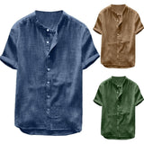 Summer Men Cotton Linen Blouse Casual Solid Color Short Sleeve Cotton Linen Button Down Beach Loose Holiday Shirt Comfortable - ENSEIGNE DENIS