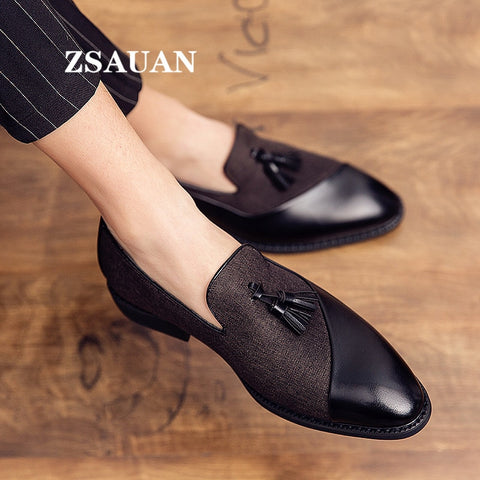 ZSAUAN Semi-formal Hemp PU Leather Men's Suit Shoes Glamorous Blue Tassel Italian Graceful Man Dress Shoes Big Size 46 47 48 - ENSEIGNE DENIS