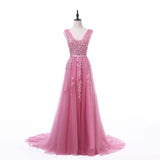 FADISTEE Vestido De Festa Sweet pink Lace V-neck Long Evening Dress Bride Party Sexy Backless beads pearls Prom Dresses lace-up - ENSEIGNE DENIS