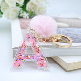 1PC Women Keychains  26 Glitter Hollowed-out  Words Handbag English Letter Keyring  with Puffer Ball Charms - ENSEIGNE DENIS