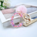 1PC Women Keychains  26 Glitter Hollowed-out  Words Handbag English Letter Keyring  with Puffer Ball Charms - ENSEIGNE DENIS