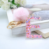 1PC Women Keychains  26 Glitter Hollowed-out  Words Handbag English Letter Keyring  with Puffer Ball Charms - ENSEIGNE DENIS