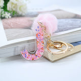 1PC Women Keychains  26 Glitter Hollowed-out  Words Handbag English Letter Keyring  with Puffer Ball Charms - ENSEIGNE DENIS