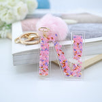 1PC Women Keychains  26 Glitter Hollowed-out  Words Handbag English Letter Keyring  with Puffer Ball Charms - ENSEIGNE DENIS