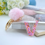 1PC Women Keychains  26 Glitter Hollowed-out  Words Handbag English Letter Keyring  with Puffer Ball Charms - ENSEIGNE DENIS