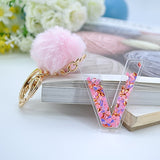 1PC Women Keychains  26 Glitter Hollowed-out  Words Handbag English Letter Keyring  with Puffer Ball Charms - ENSEIGNE DENIS