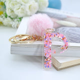 1PC Women Keychains  26 Glitter Hollowed-out  Words Handbag English Letter Keyring  with Puffer Ball Charms - ENSEIGNE DENIS