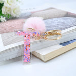 1PC Women Keychains  26 Glitter Hollowed-out  Words Handbag English Letter Keyring  with Puffer Ball Charms - ENSEIGNE DENIS