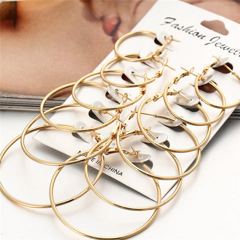 2020 New 6 Pairs/set Vintage Rose Gold Multiple Dangle Big Circle Hoop Earrings for Women Jewelry Steampunk Ear Clip Gift - ENSEIGNE DENIS