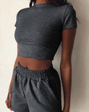 Hirigin 2 Piece Set Women Summer O-Neck Casual Crop Top 2020 Female Clothing Tracksuit Pockets Loose Shorts Two Piece - ENSEIGNE DENIS