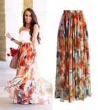 Women Jersey Floral Gypsy Stretchy High Waist Pleated Long Maxi Skirt Sun Dress - ENSEIGNE DENIS